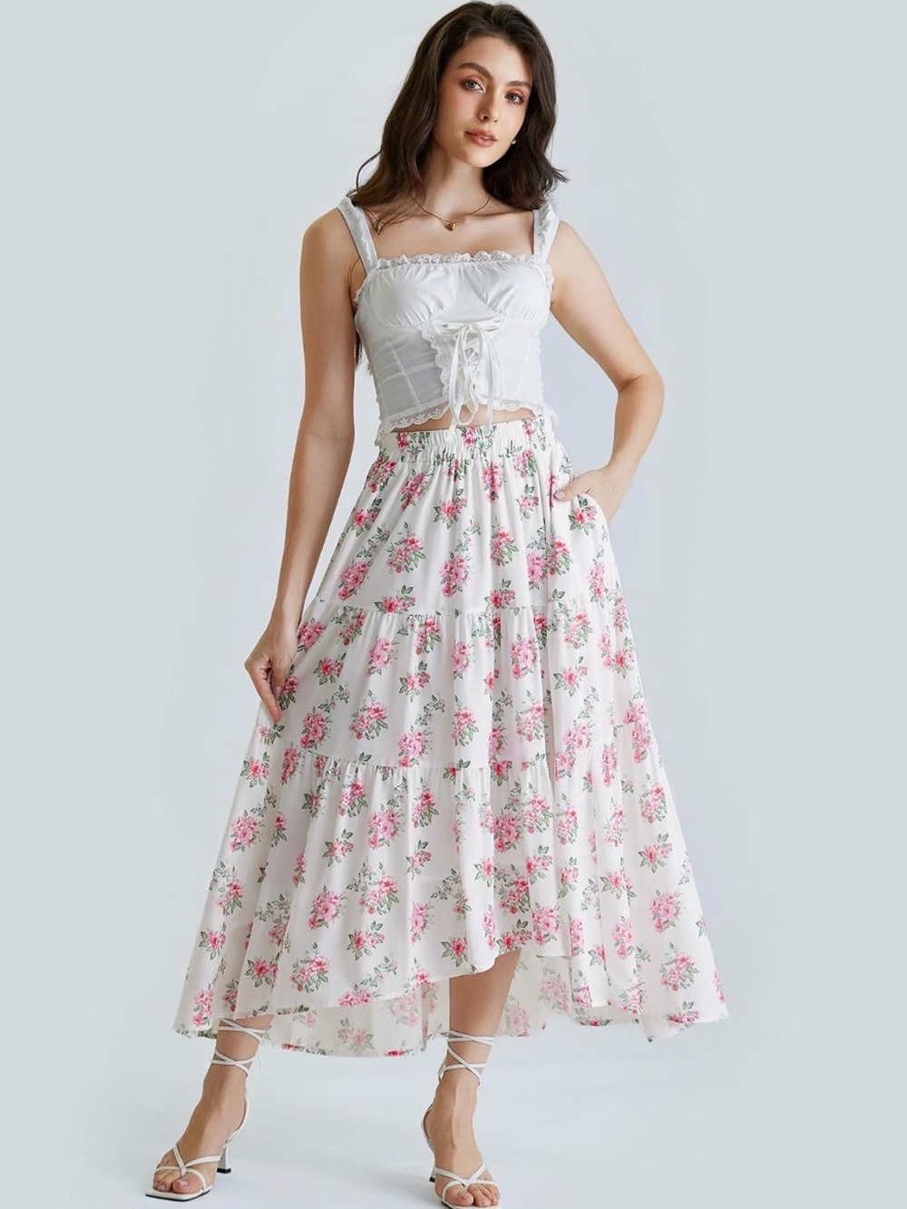 White Floral Tiered High-Low Skirt with Pink Roses